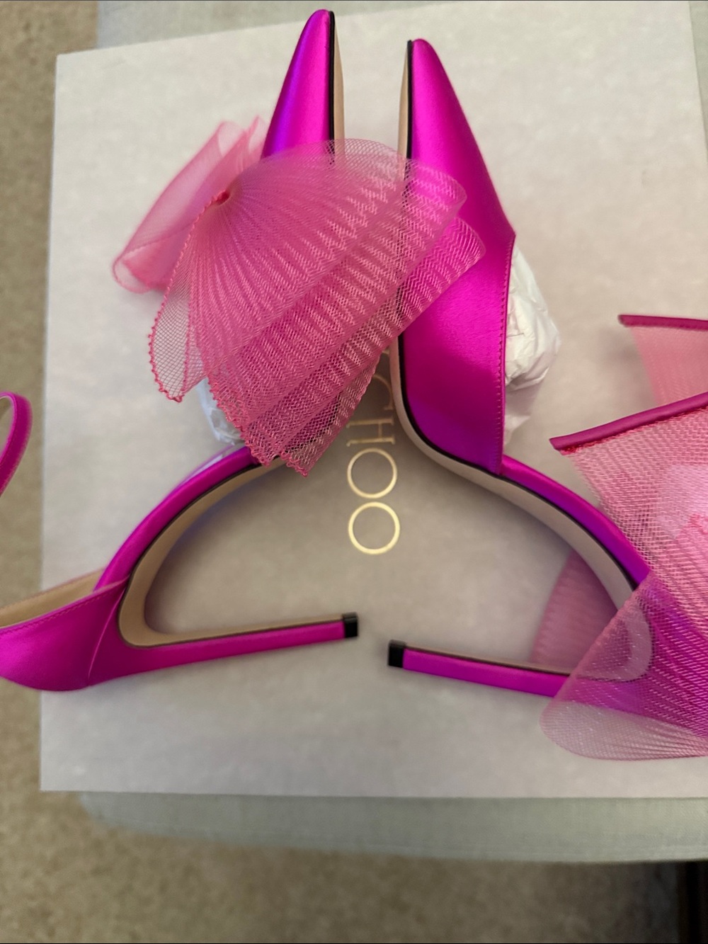 Jimmy Choo Hot Pink Satin Pointed-Toe Bow Ankle-Strap Heels - Picture 4 of 7